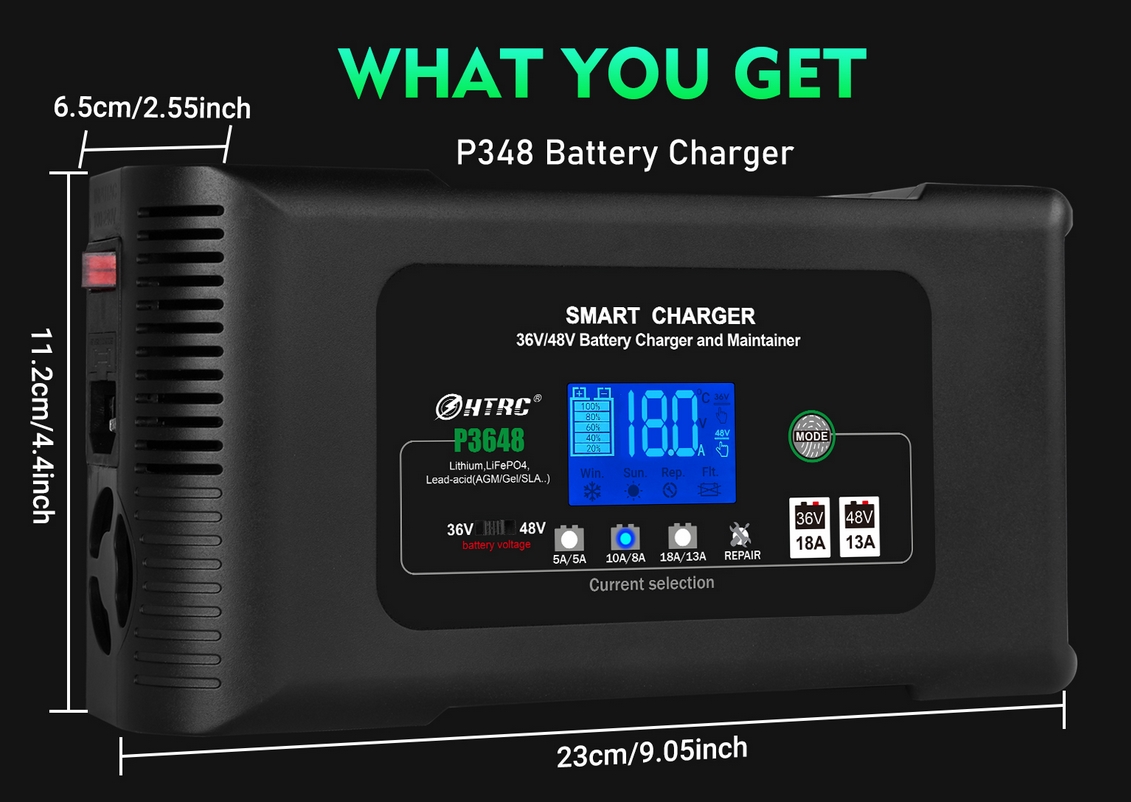 HT-RC P3648 Batterie Ladegerät 36V-18A 48V-13A Lithium LiFePO4 AGM GEL SLA Impuls Reparatur max. 650Watt