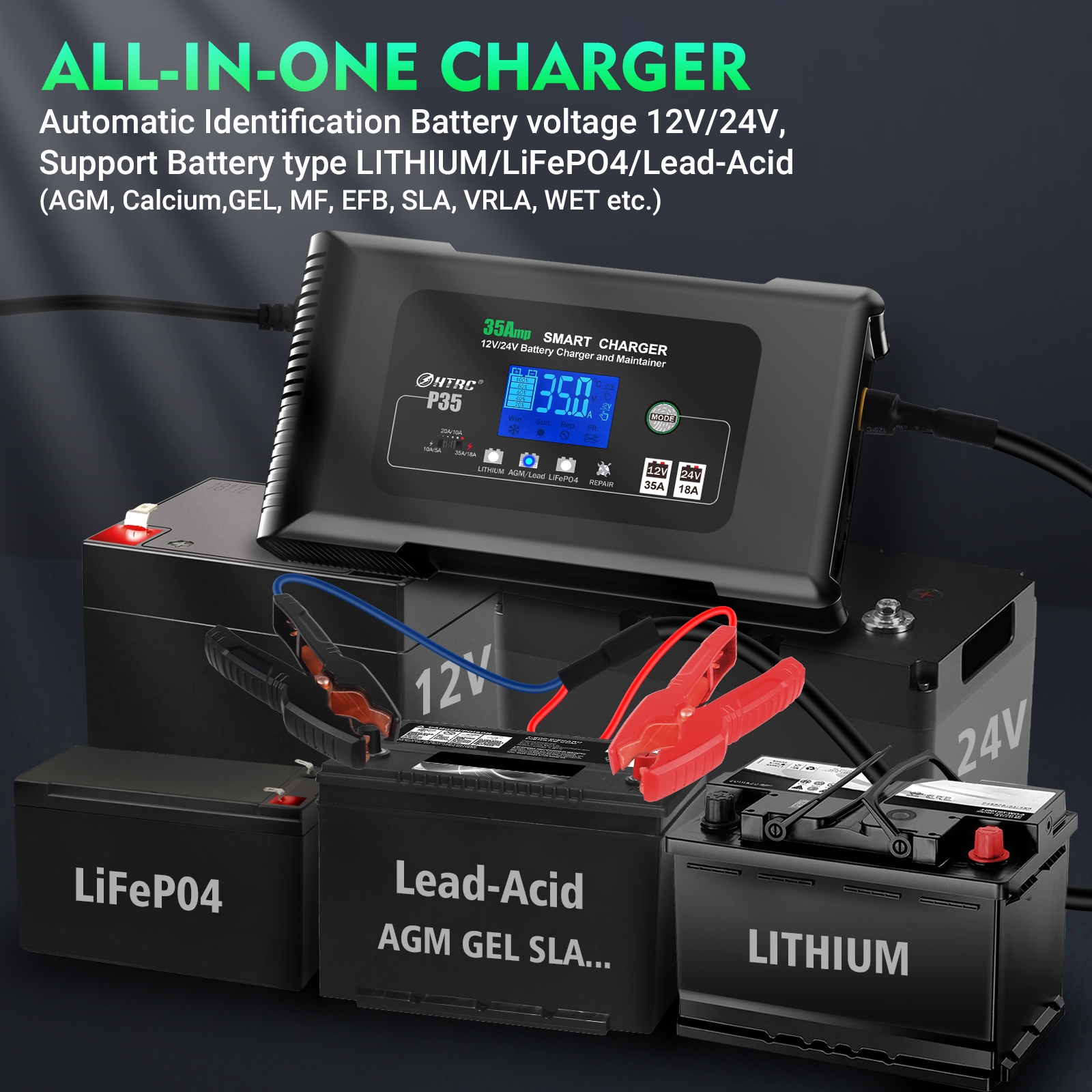 HT-RC P35 Schnellladegerät Batterie Ladegerät 12V-35A 24V-18A Lithium LiFePO4 AGM GEL SLA Impuls Reparatur 