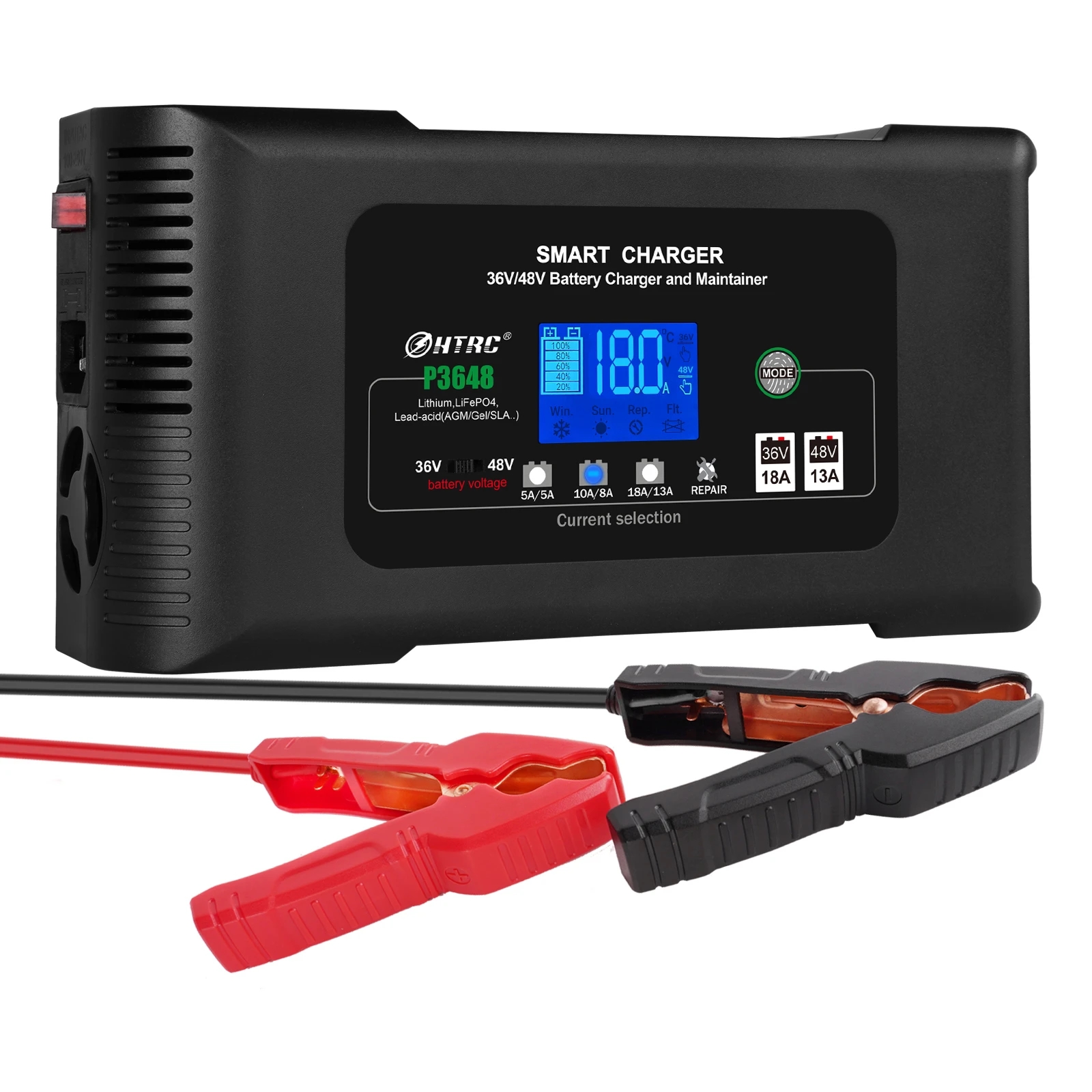 HT-RC P3648 Batterie Ladegerät 36V-18A 48V-13A Lithium LiFePO4 AGM GEL SLA Impuls Reparatur max. 650Watt