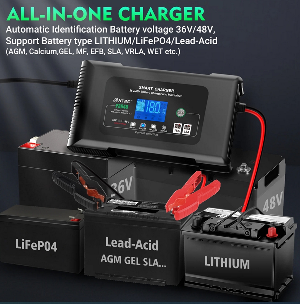HT-RC P3648 Batterie Ladegerät 36V-18A 48V-13A Lithium LiFePO4 AGM GEL SLA Impuls Reparatur max. 650Watt