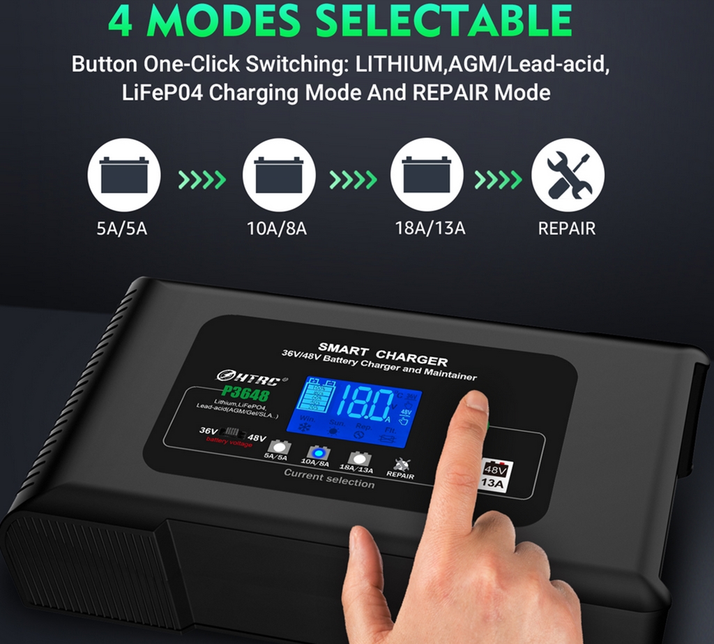 HT-RC P3648 Batterie Ladegerät 36V-18A 48V-13A Lithium LiFePO4 AGM GEL SLA Impuls Reparatur max. 650Watt